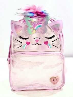 Under One Sky Pink Cat Clear Backpack Rainbow Pom Pom, Glitter, Hearts NWT